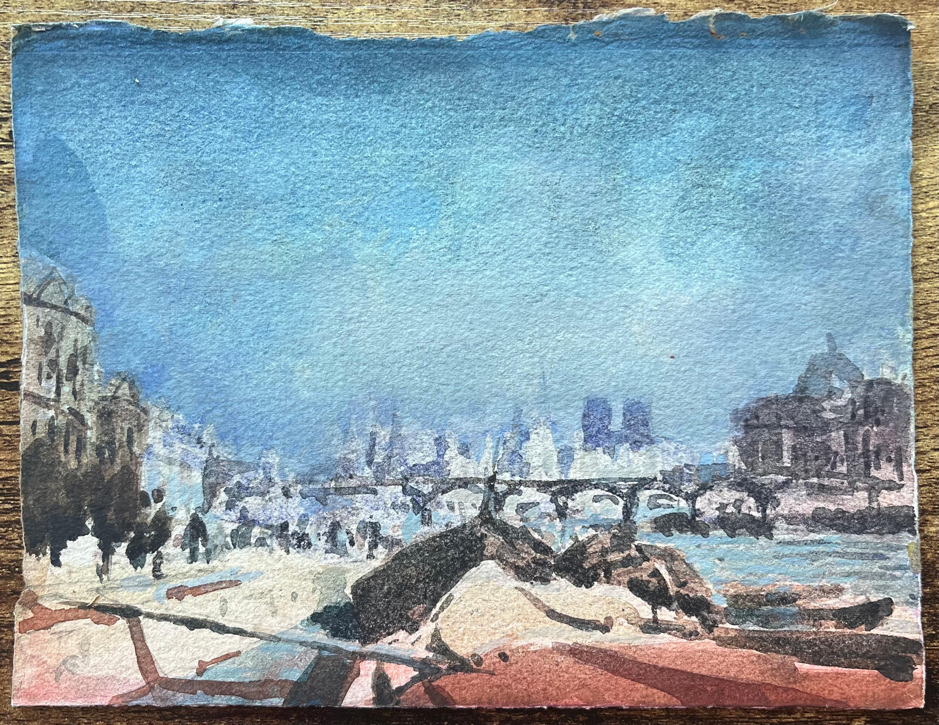 Acquerello impressionista sulla riva del fiume parigino con Notre-Dame in lontananza - Art Impressionismo di Maurice Mazeilie