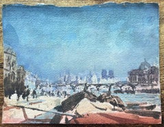 Impressionist Watercolor Parisian Riverbank with Notre-Dame in the Distance
