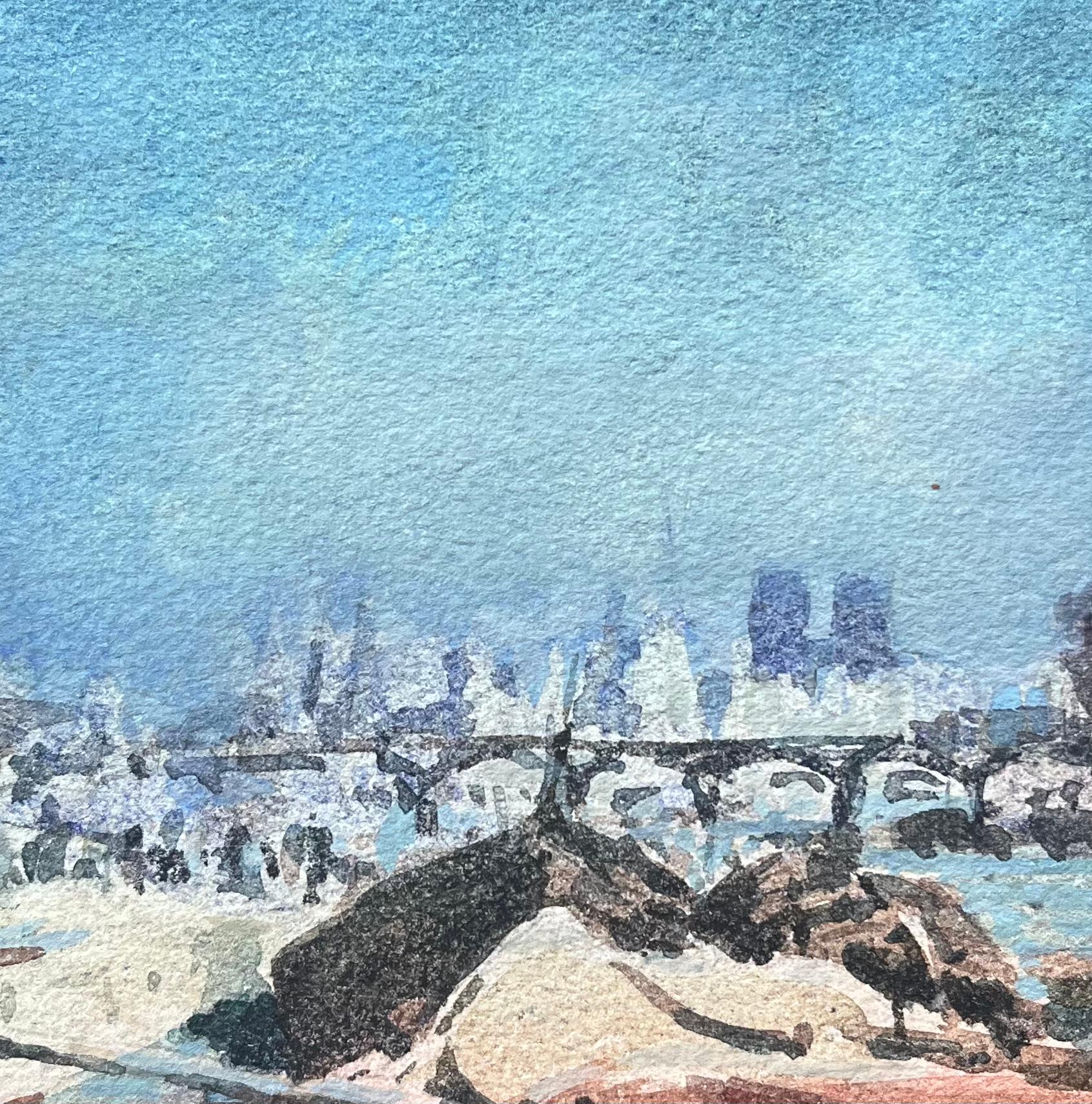 Acquerello impressionista sulla riva del fiume parigino con Notre-Dame in lontananza in vendita 1
