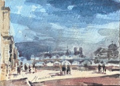 Aquarelle impressionniste représentant une scène de pont parisien avec Notre-Dame à distance