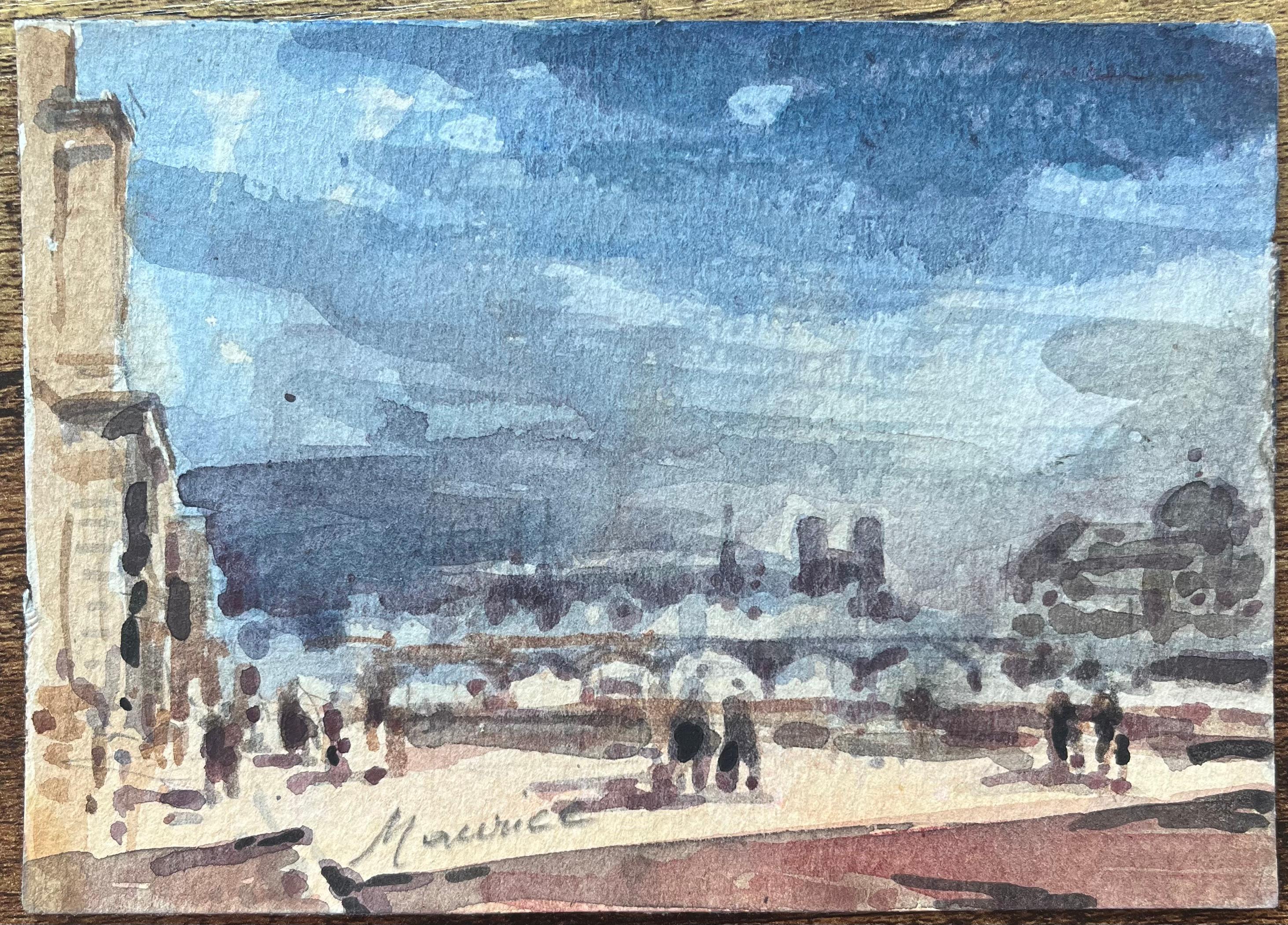 Title: Impressionist Watercolor Parisian Bridge Scene with Notre-Dame in the Distance
By Maurice Mazeilie (French 1924-2021)
Medium: Watercolor on paper, unframed
Size: 5 x 7 inches (Height x Width)
Signed: Yes
Condition: Good, with signs on