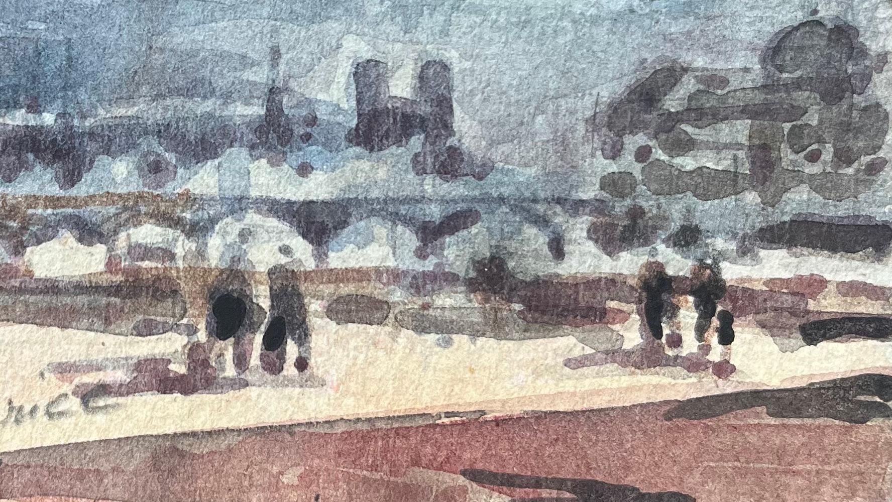 Impressionist Watercolor Parisian Bridge Scene with Notre-Dame in the Distance For Sale 2