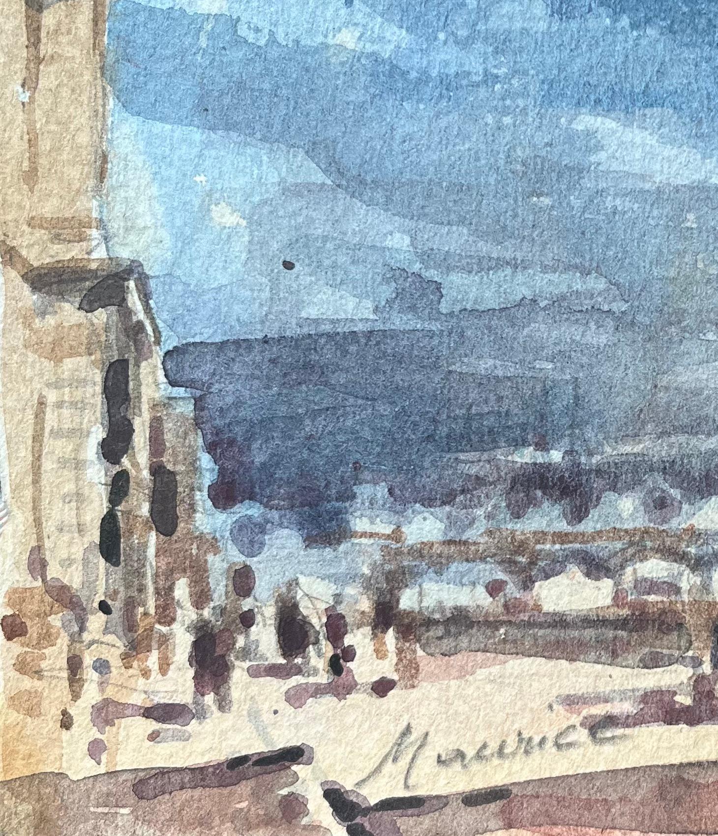Impressionist Watercolor Parisian Bridge Scene with Notre-Dame in the Distance For Sale 1