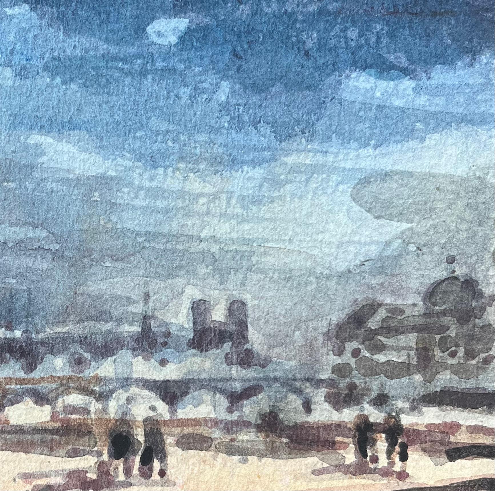 Impressionist Watercolor Parisian Bridge Scene with Notre-Dame in the Distance For Sale 3