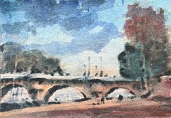 French Impressionist Watercolor of Parisian Bridge View Over the Seine