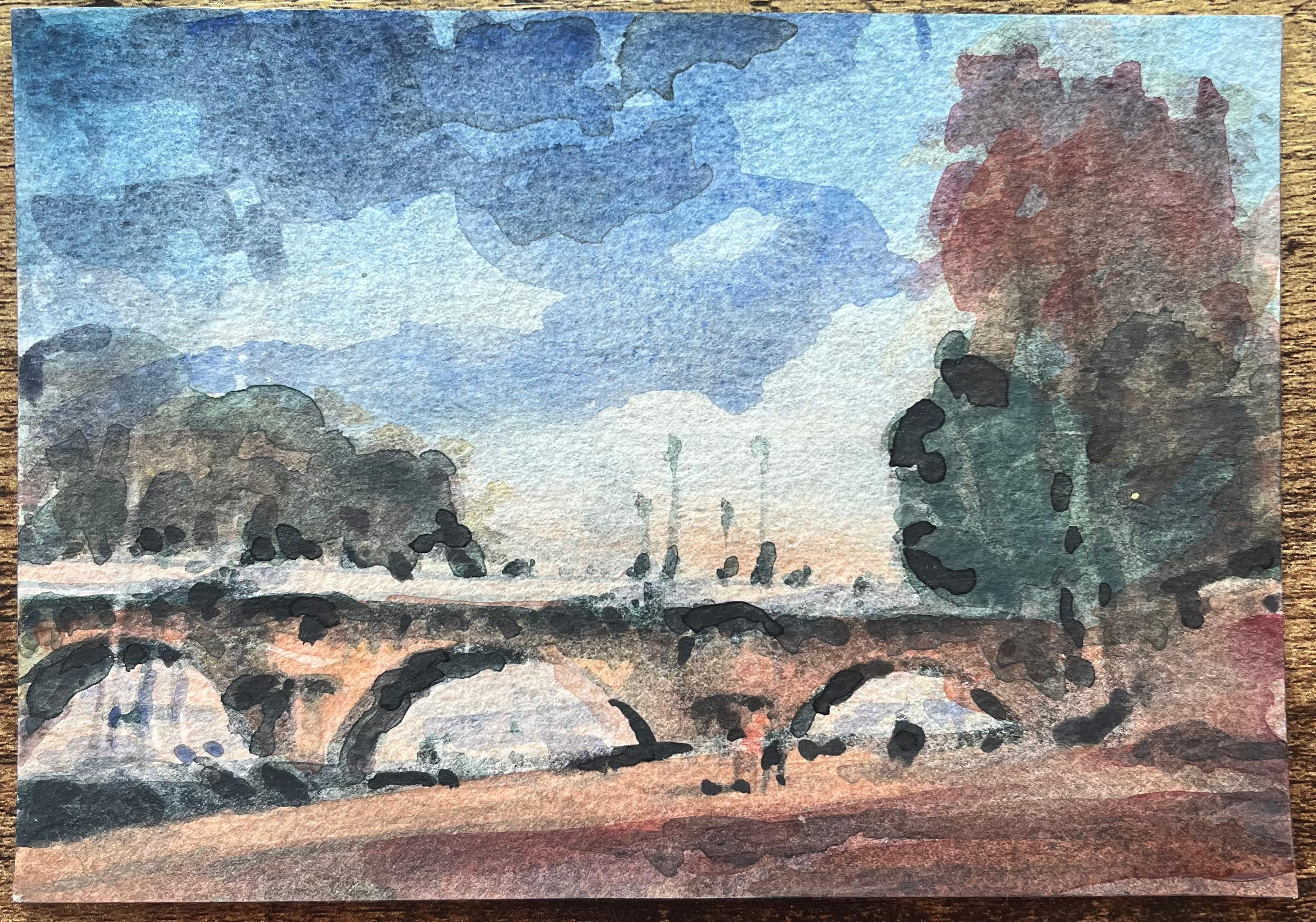 Title: French Impressionist Watercolor of Parisian Bridge View Over the Seine
By Maurice Mazeilie (French 1924-2021)
Medium: Watercolor on paper, unframed
Size: 4.75 x 7 inches (Height x Width)
Stamped: Verso
Condition: Good, with signs on