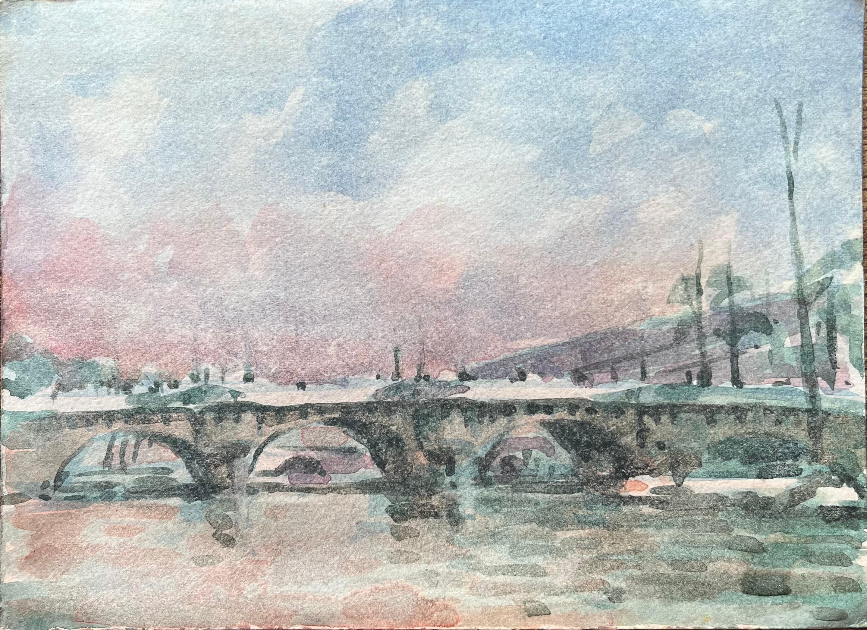 French Impressionist Watercolor of Parisian Bridge at Sunset