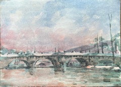 French Impressionist Watercolor of Parisian Bridge at Sunset
