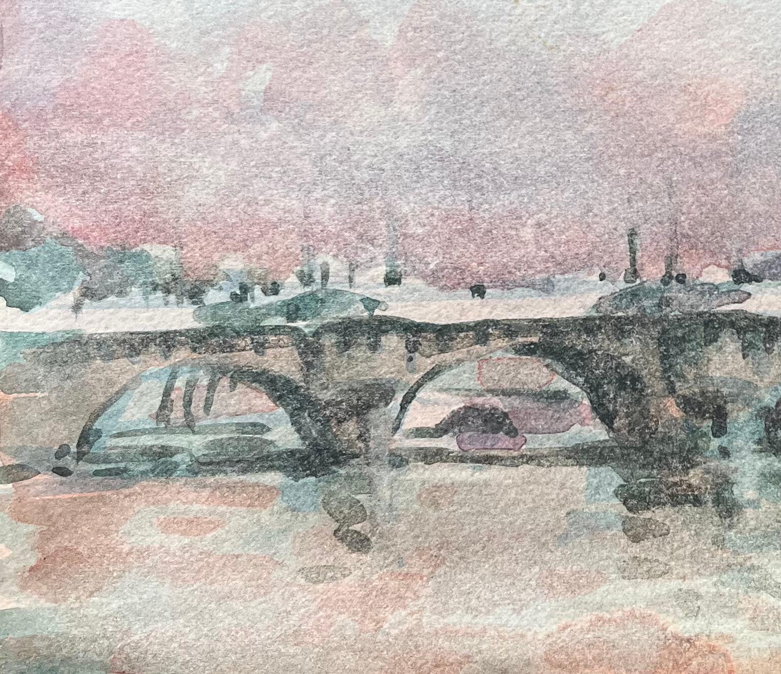 Title: French Impressionist Watercolor of Parisian Bridge at Sunset
By Maurice Mazeilie (French 1924-2021)
Medium: Watercolor on paper, unframed
Size: 5.5 x 7.5 inches (Height x Width)
Stamped: Verso
Condition: Good
Provenance: All the paintings we