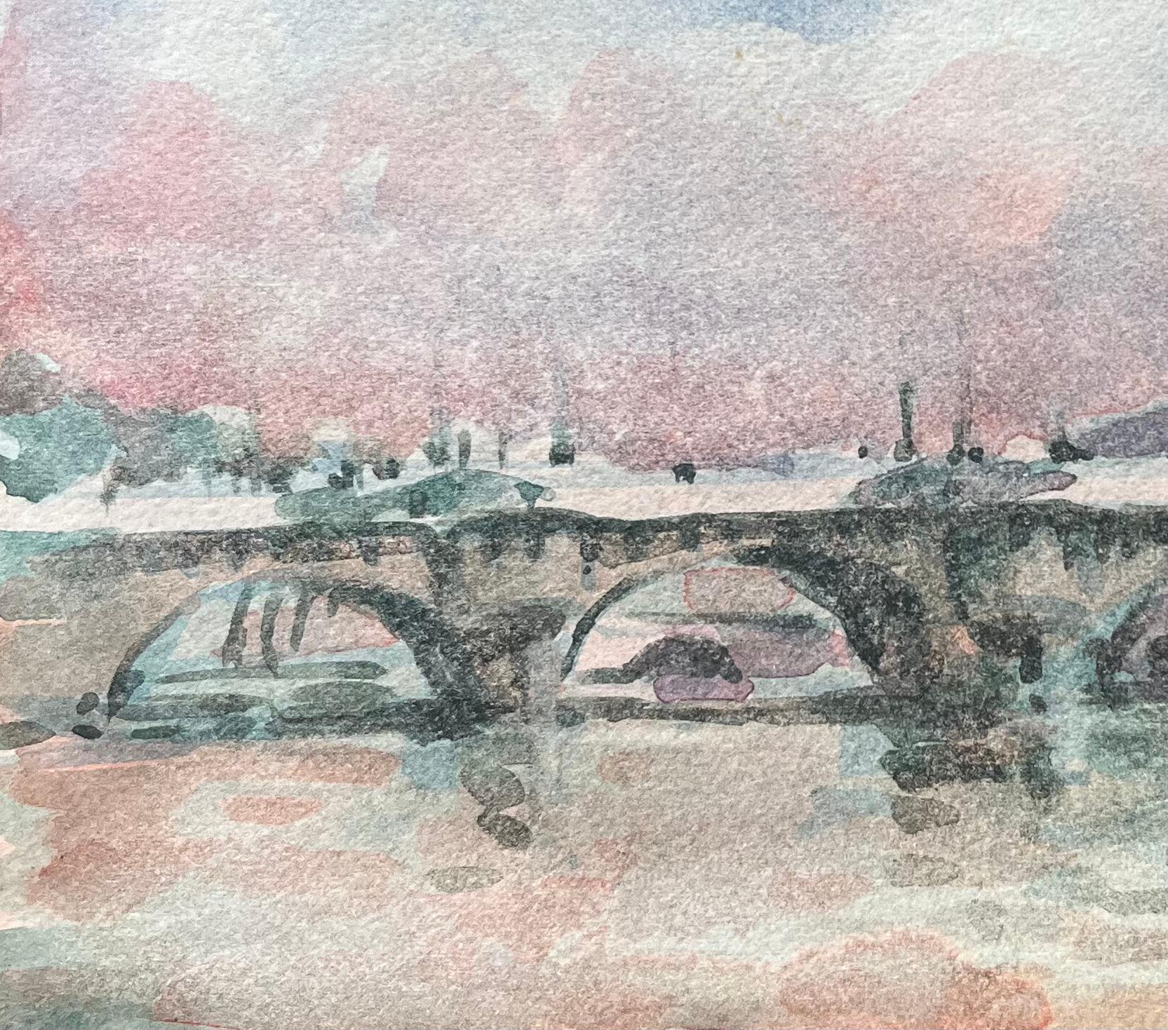 French Impressionist Watercolor of Parisian Bridge at Sunset - Gray Landscape Art by Maurice Mazeilie