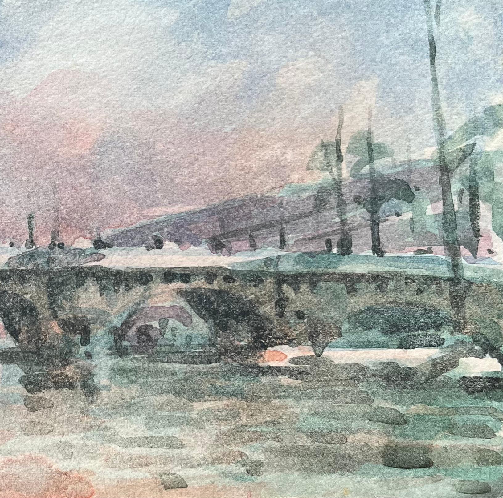 French Impressionist Watercolor of Parisian Bridge at Sunset For Sale 1
