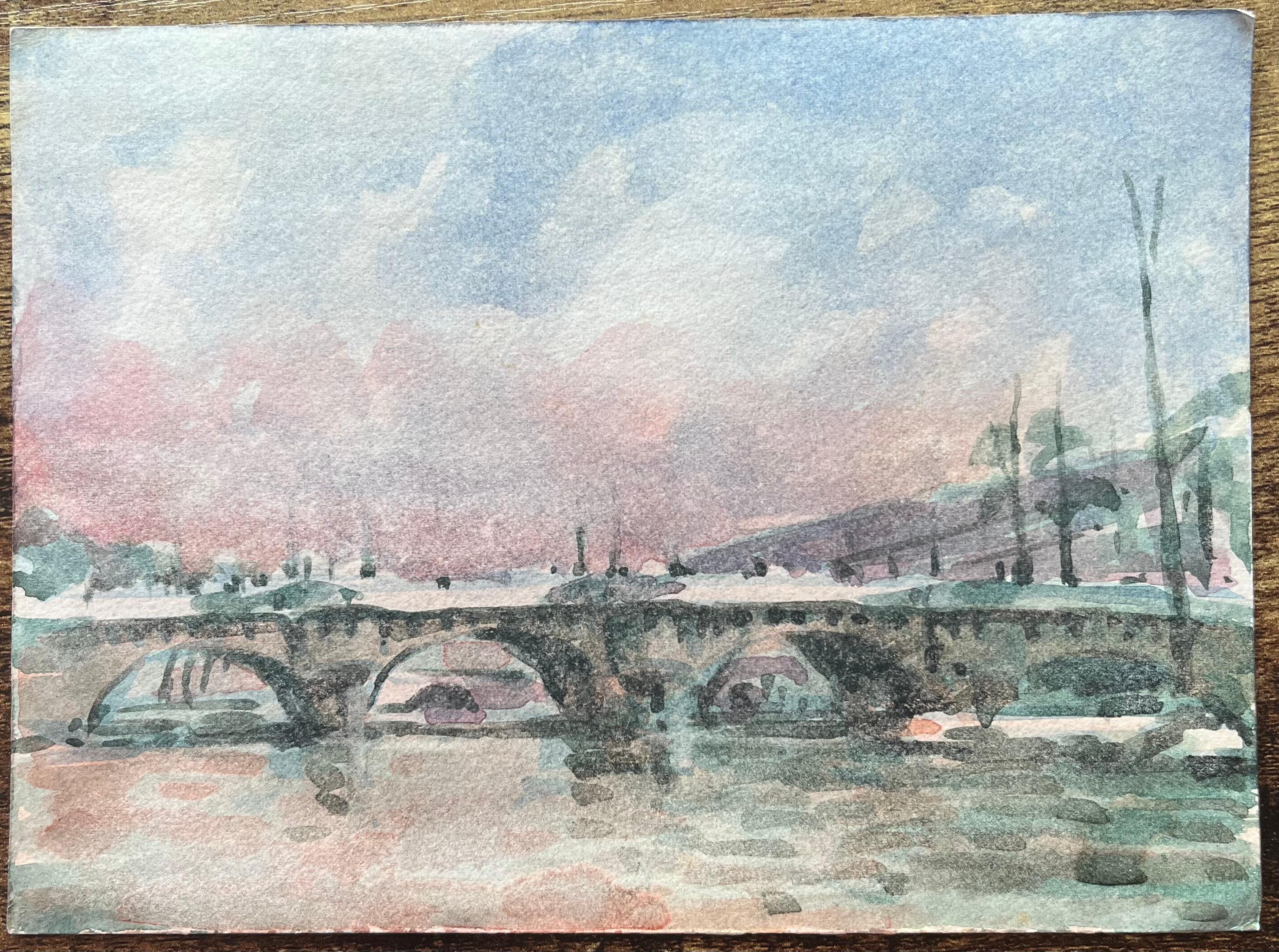 French Impressionist Watercolor of Parisian Bridge at Sunset - Art by Maurice Mazeilie