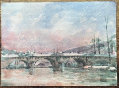 French Impressionist Watercolor of Parisian Bridge at Sunset