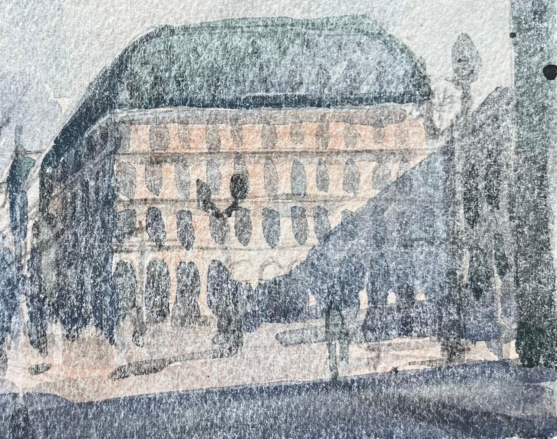 Acquerello impressionista francese di una scena di strada parigina illuminata dal sole - Landscape Art Grigio di Maurice Mazeilie