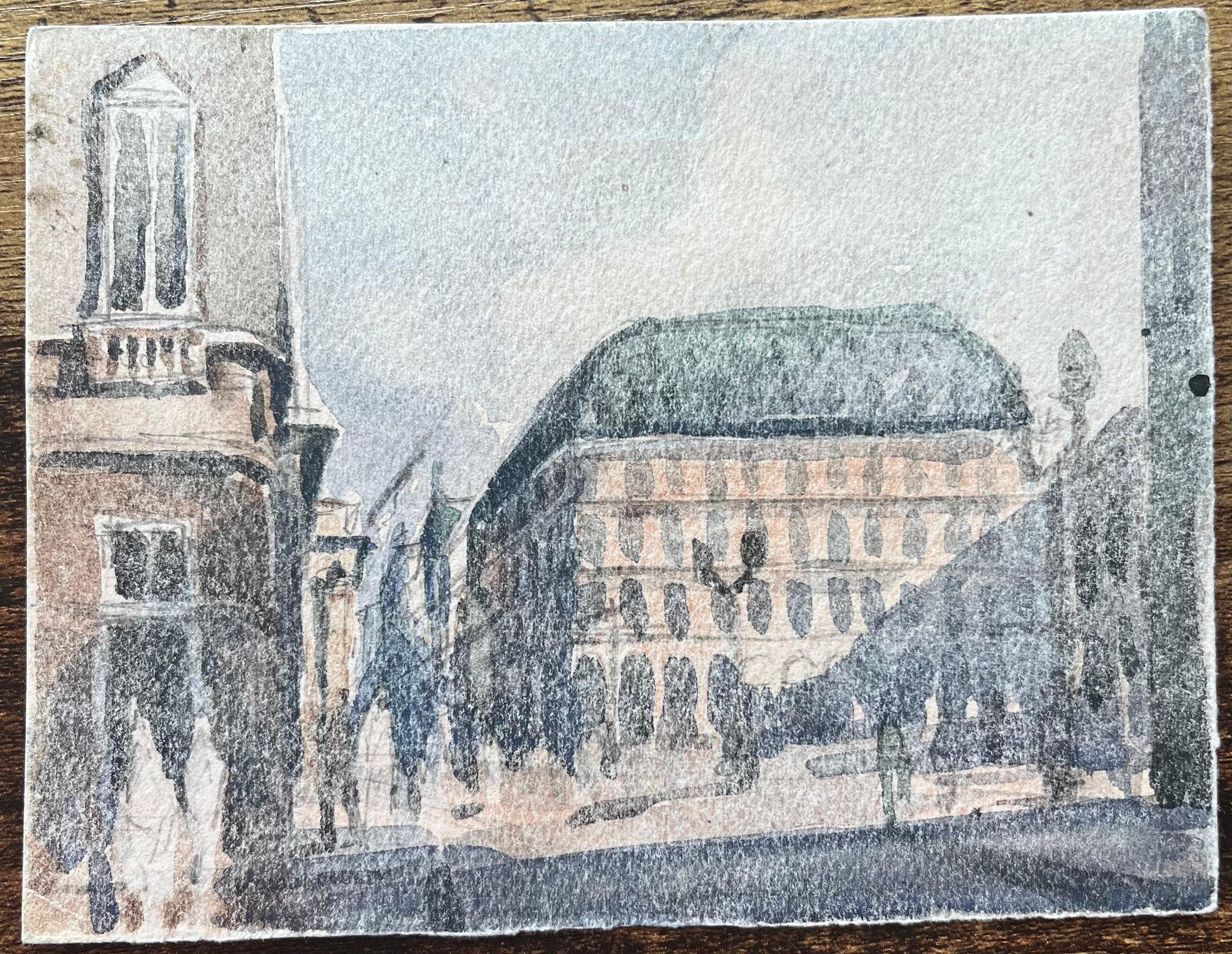 Acquerello impressionista francese di una scena di strada parigina illuminata dal sole - Art di Maurice Mazeilie