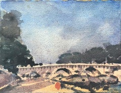 Aquarelle impressionniste française d'un pont parisien éclairé au-dessus de la rivière Seine