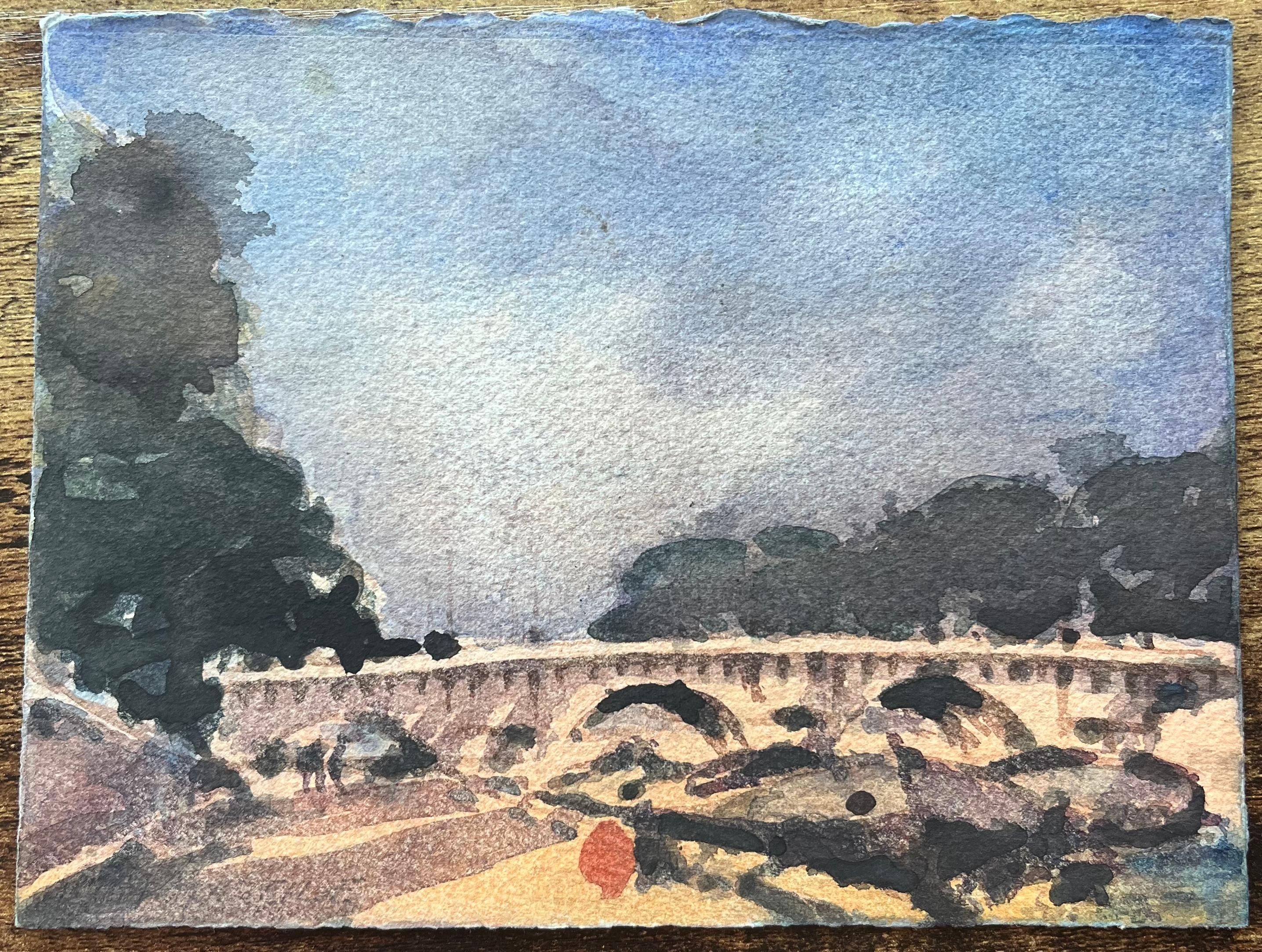 Title: French Impressionist Watercolor of Sunlit Parisian Bridge Over the River Seine
By Maurice Mazeilie (French 1924-2021)
Medium: Watercolor on paper, unframed
Size: 5.5 x 7.5 inches (Height x Width)
Stamped: Verso
Condition: Good, with signs of