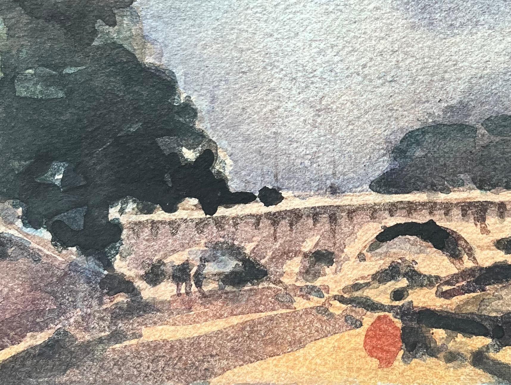 French Impressionist Watercolor of Sunlit Parisian Bridge Over the River Seine For Sale 2