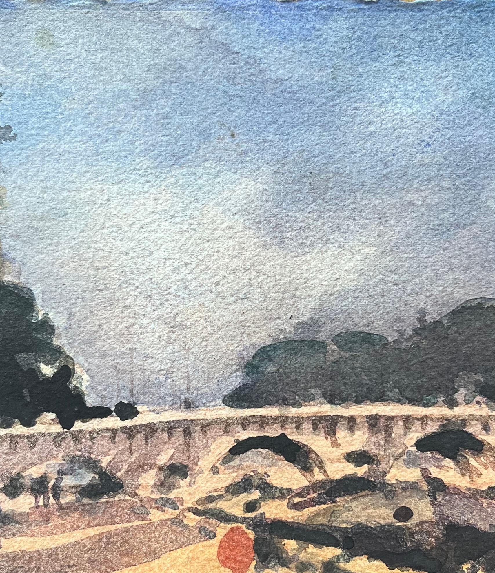 French Impressionist Watercolor of Sunlit Parisian Bridge Over the River Seine For Sale 3
