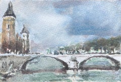 French Impressionist Watercolor of Tower and Bridge Scene in Paris