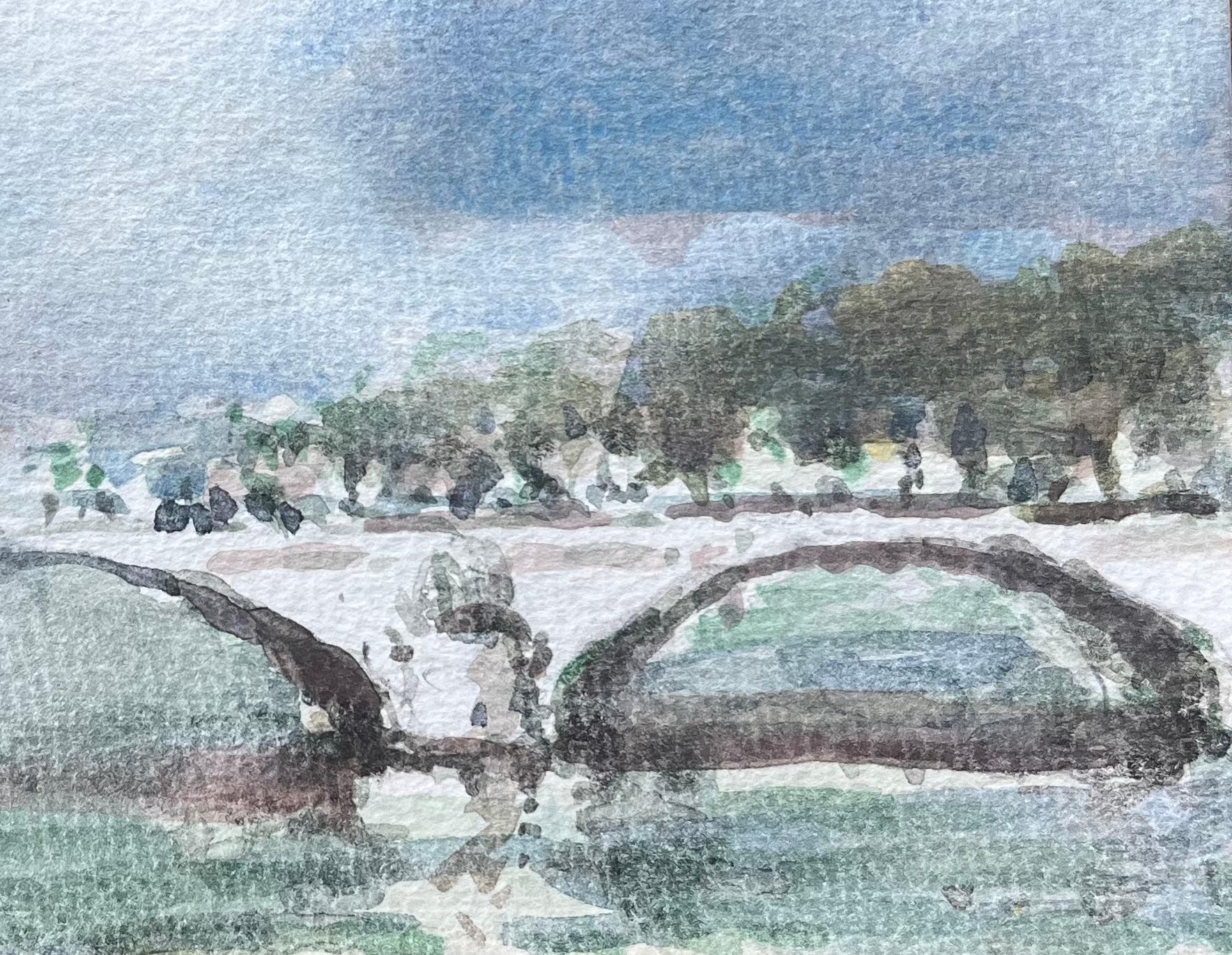 French Impressionist Watercolor of Tower and Bridge Scene in Paris For Sale 1
