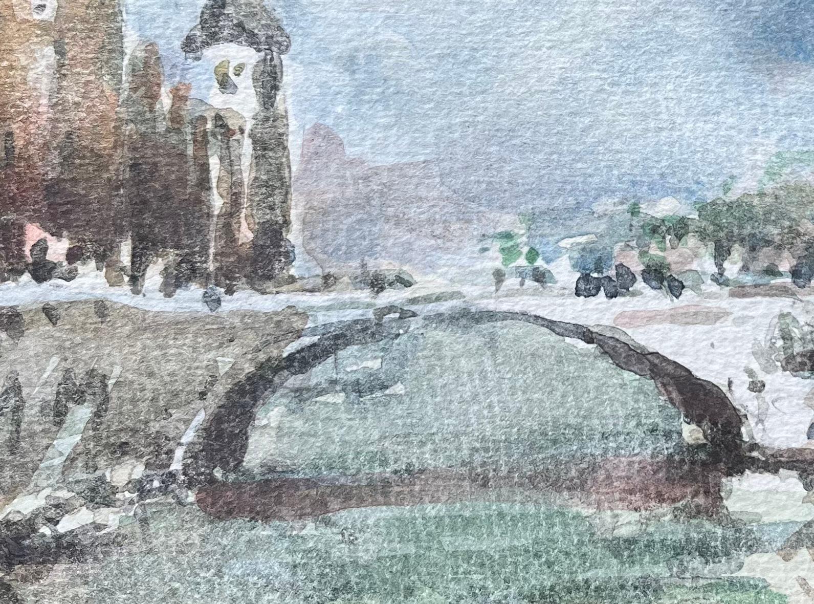 French Impressionist Watercolor of Tower and Bridge Scene in Paris For Sale 2