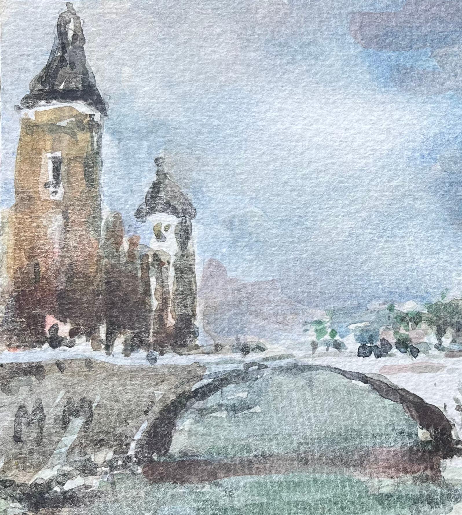 French Impressionist Watercolor of Tower and Bridge Scene in Paris For Sale 3