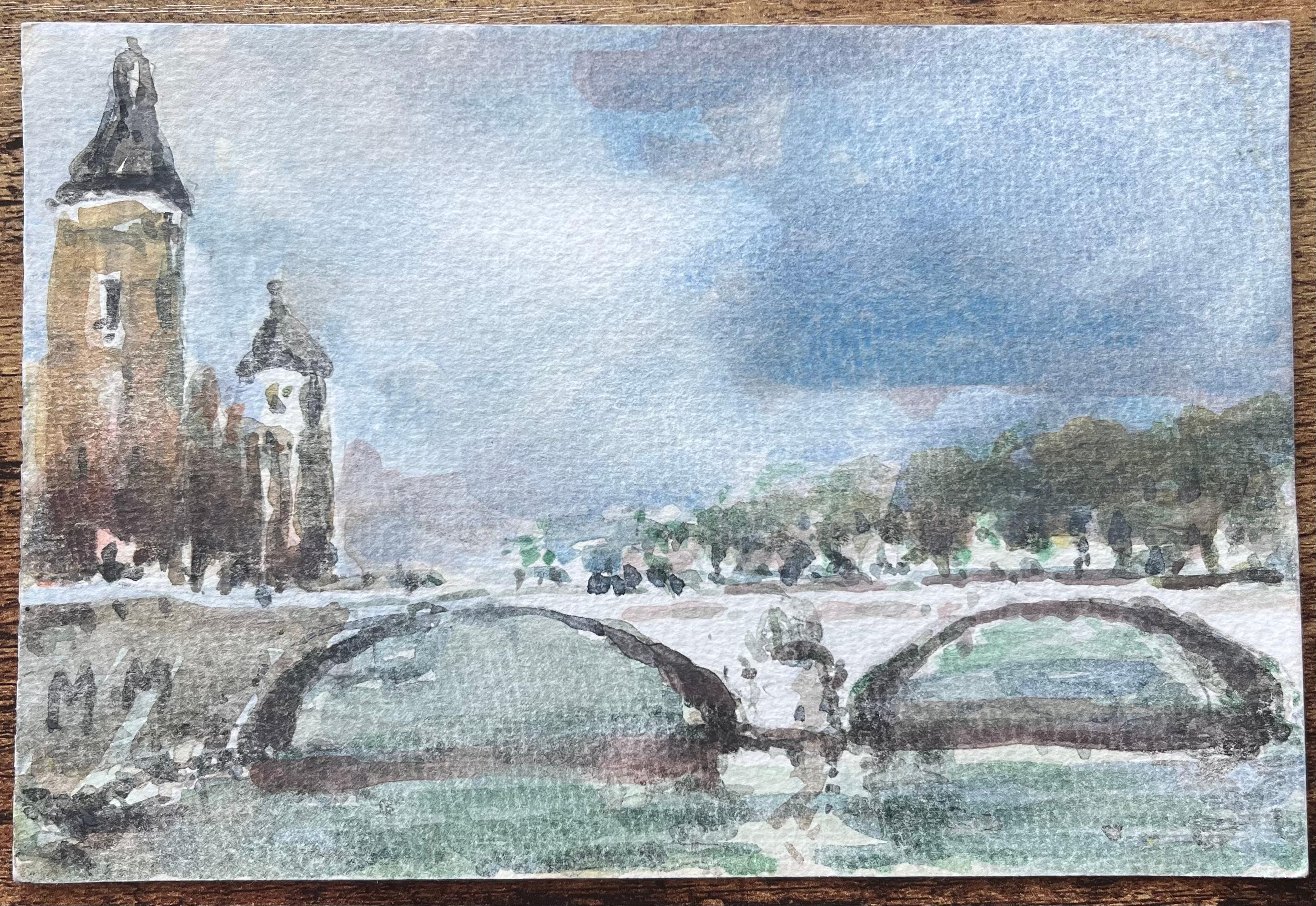 Title: French Impressionist Watercolor of Tower and Bridge Scene in Paris
By Maurice Mazeilie (French 1924-2021)
Medium: Watercolor on paper, unframed
Size: 5.25 x 8 inches (Height x Width)
Signed: Initials Bottom Left.
Condition: Good, with signs