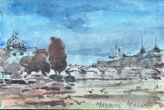 French Impressionist Watercolor of Paris Riverbank Scene with Dome