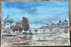 French Impressionist Watercolor of Paris Riverbank Scene with Dome