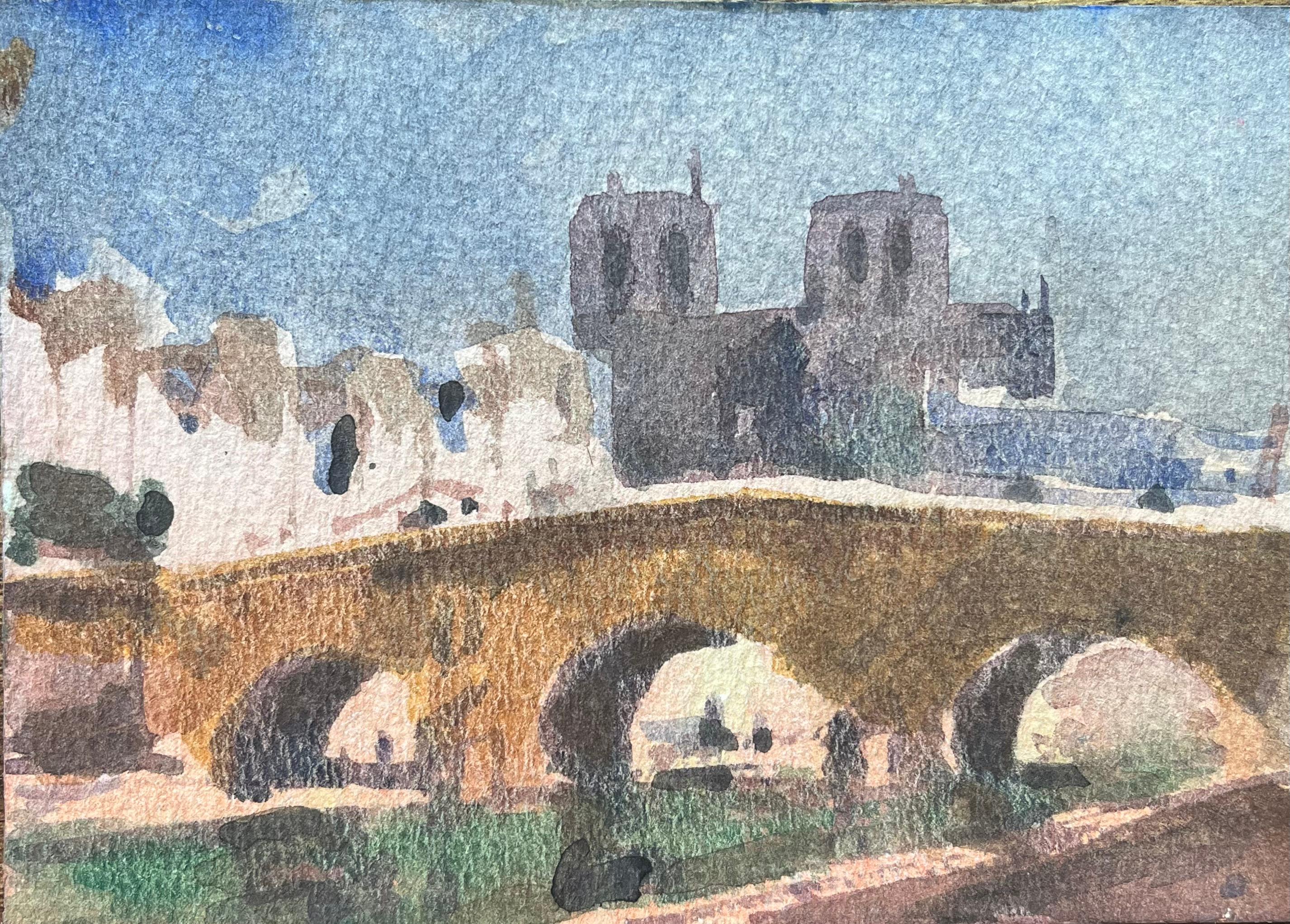 Französischer Impressionist Aquarell von Paris Flussufer Szene Notre Dame und Brücke