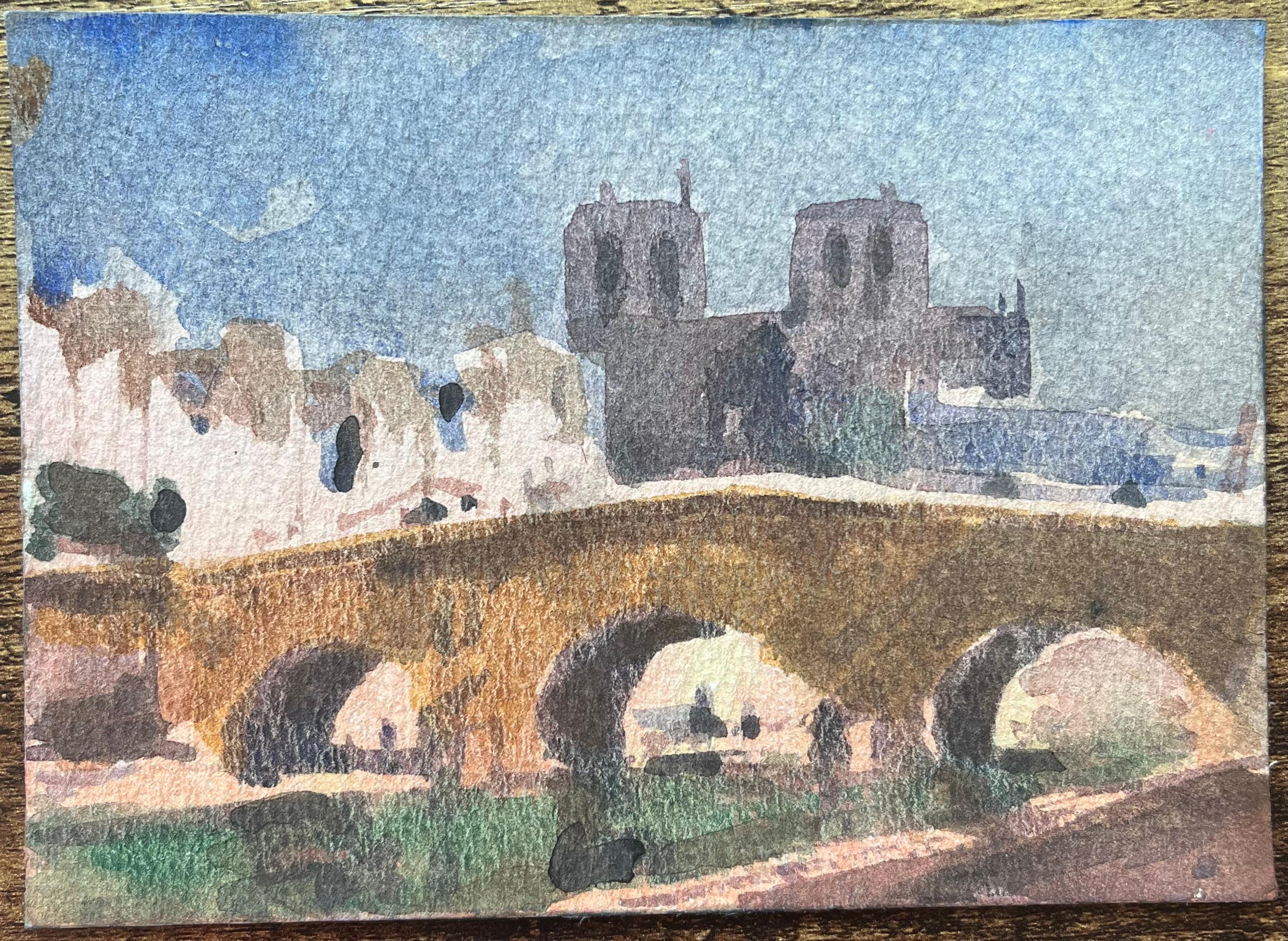 Acquerello impressionista francese di Parigi, scena della riva del fiume Notre Dame e ponte - Art Impressionismo di Maurice Mazeilie