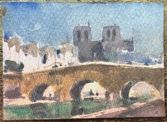 French Impressionist Watercolor of Paris Riverbank Scene Notre Dame and Bridge