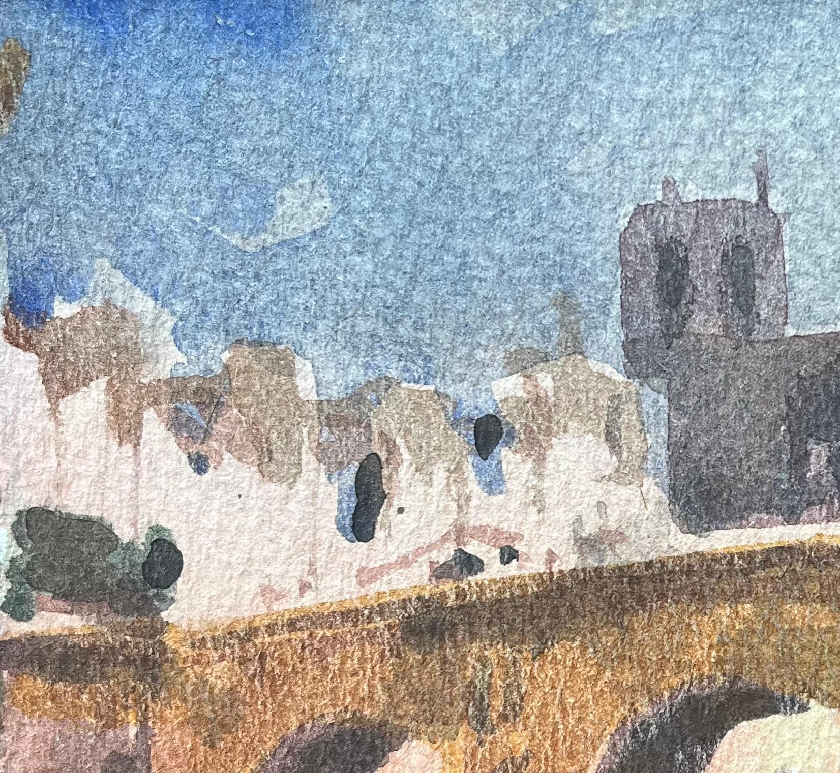 Acquerello impressionista francese di Parigi, scena della riva del fiume Notre Dame e ponte in vendita 3