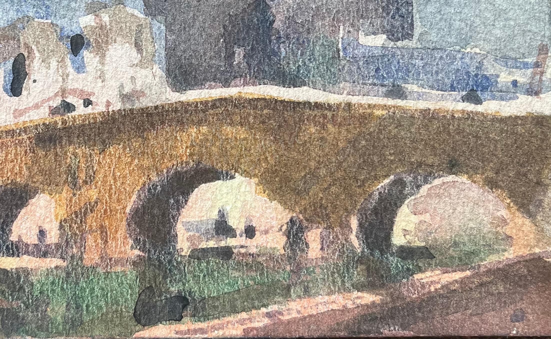 Acquerello impressionista francese di Parigi, scena della riva del fiume Notre Dame e ponte in vendita 1