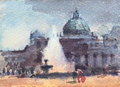 French Impressionist Watercolor of Grand Domed Structure at Dusk in Paris