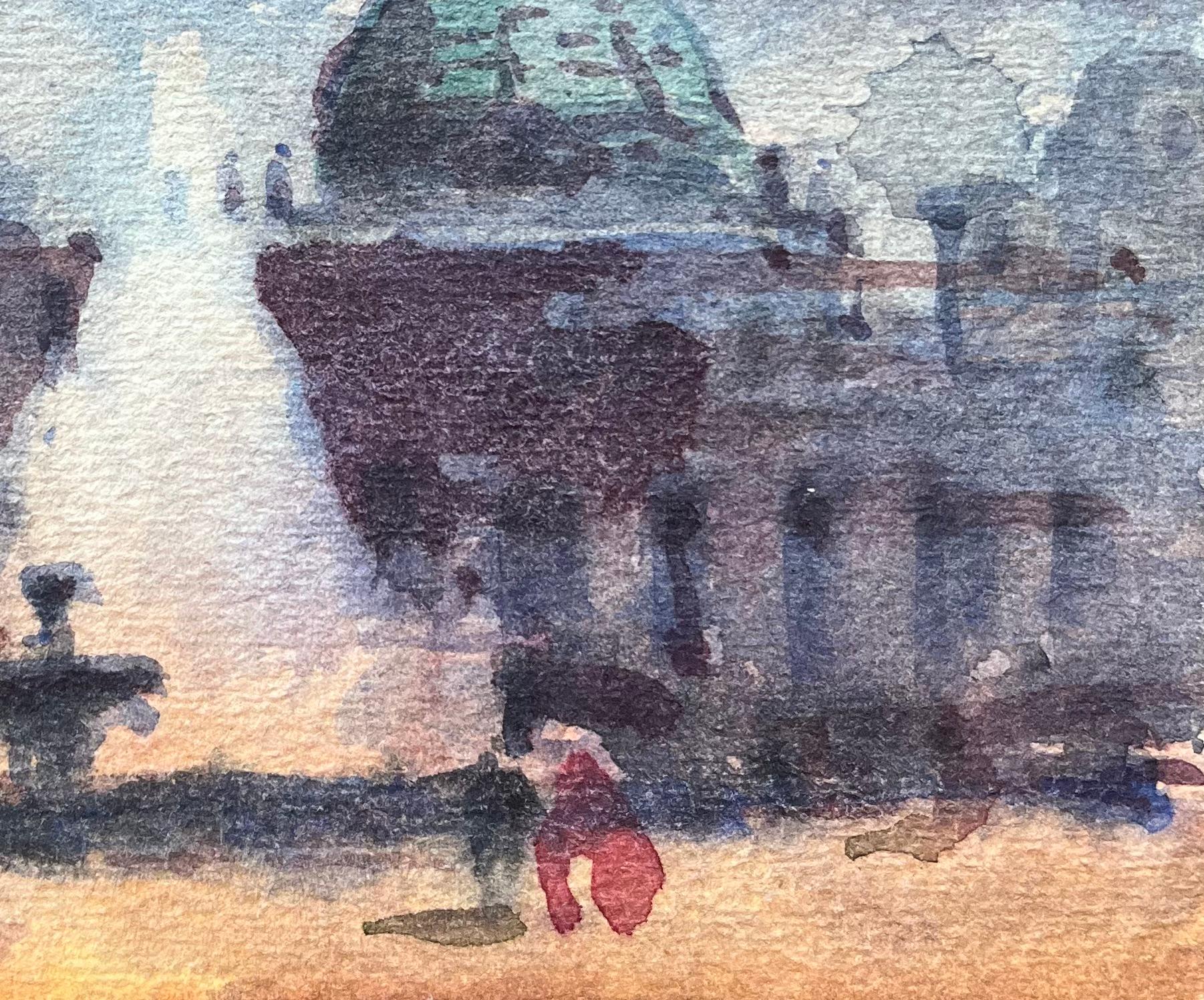 French Impressionist Watercolor of Grand Domed Structure at Dusk in Paris For Sale 2