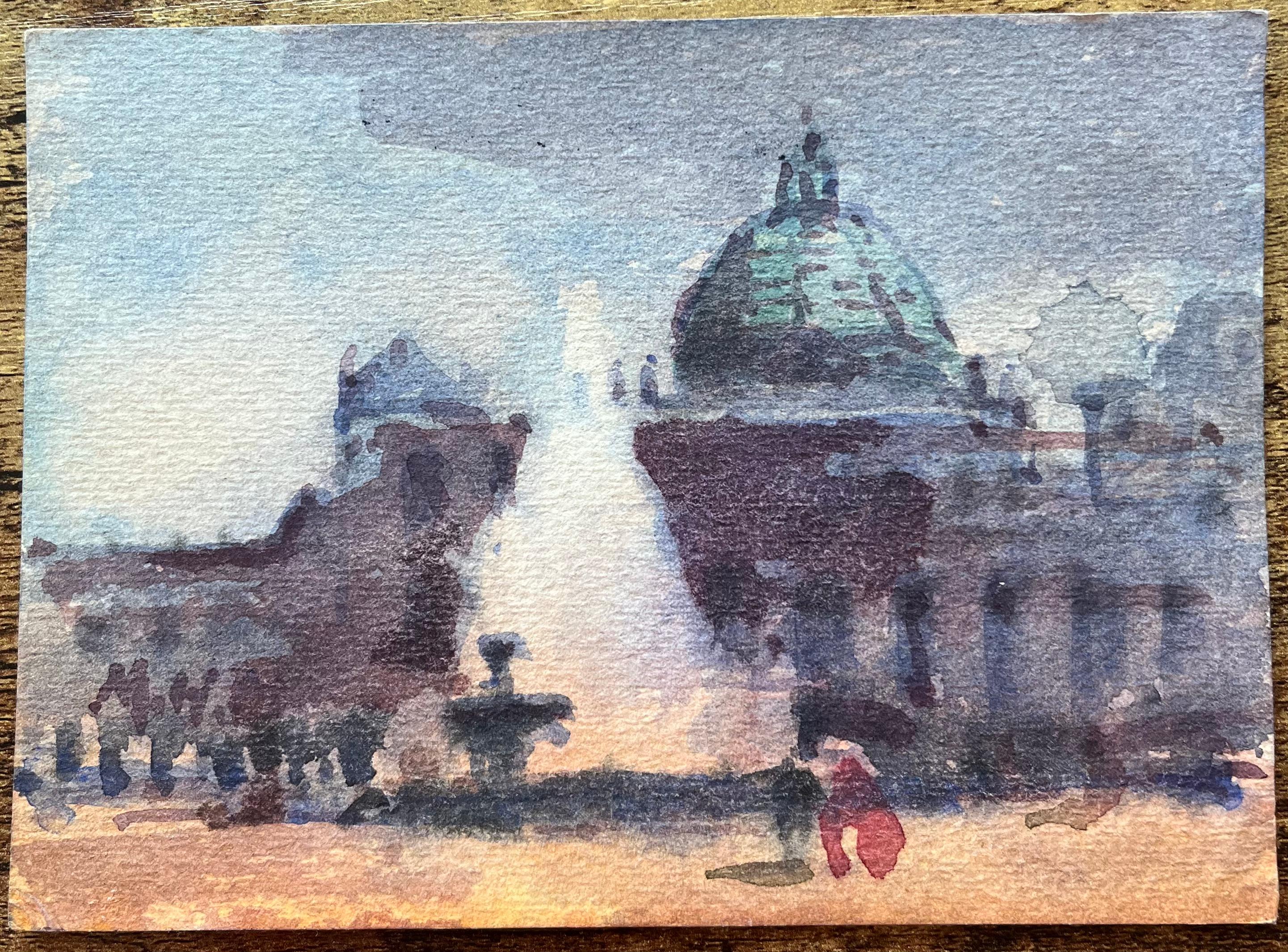 Title: French Impressionist Watercolor of Grand Domed Structure at Dusk in Paris
By Maurice Mazeilie (French 1924-2021)
Medium: Watercolor on paper, unframed
Size: 5 x 7 inches (Height x Width)
Stamped: Verso
Condition: Good, with signs of