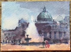 French Impressionist Watercolor of Grand Domed Structure at Dusk in Paris