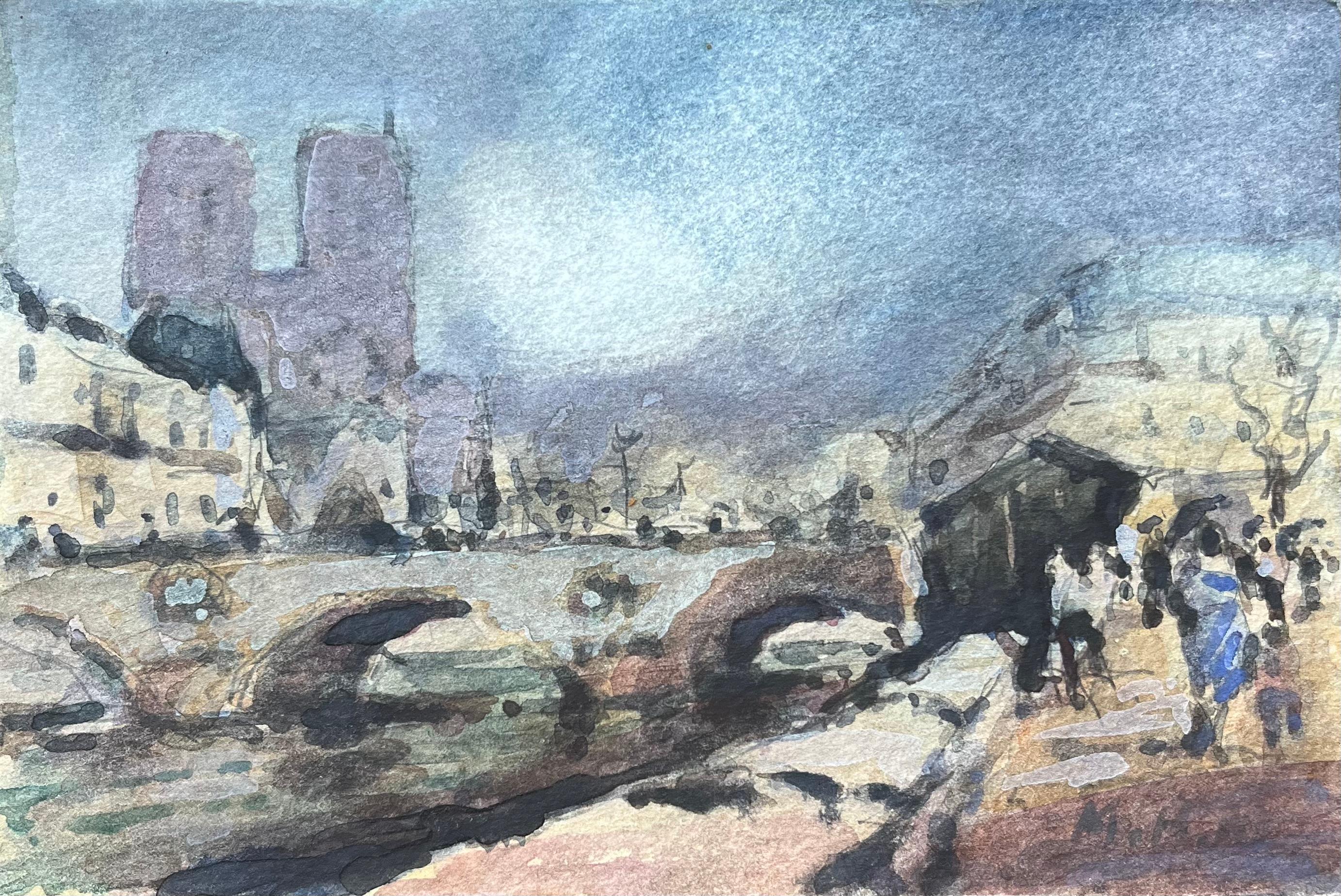 French Impressionist Watercolor of Notre-Dame and the Parisian Riverbank