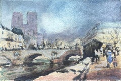 Französisches impressionistisches Aquarell der Notre-Dame und der Pariser Flussufer