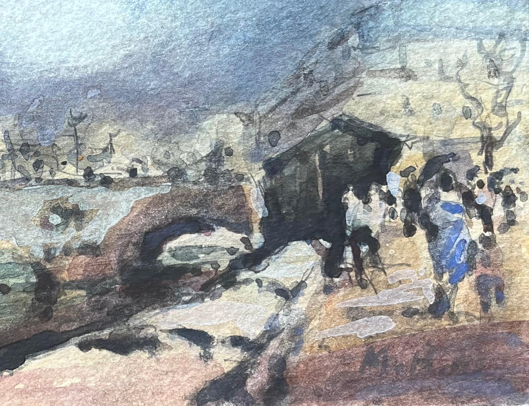 Aquarelle impressionniste française représentant Notre-Dame et la rive parisienne - Impressionnisme Art par Maurice Mazeilie