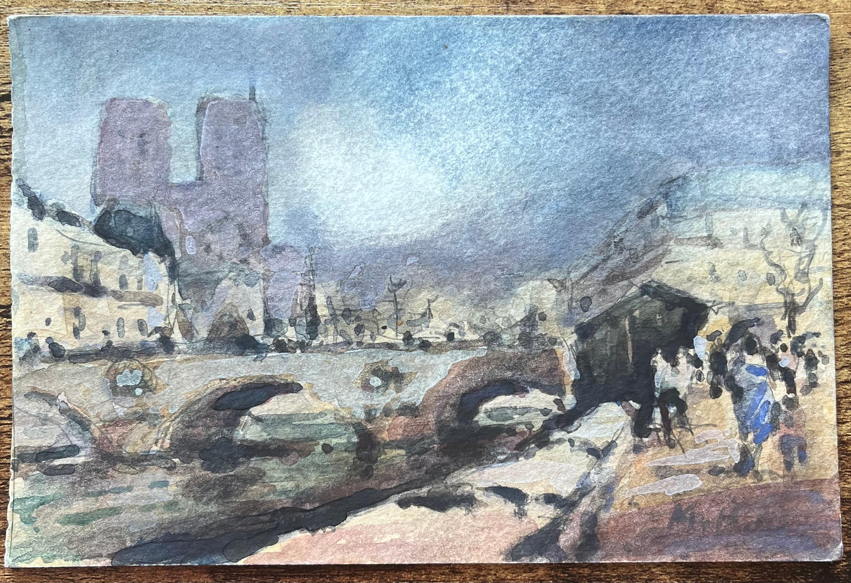 Aquarelle impressionniste française représentant Notre-Dame et la rive parisienne - Art de Maurice Mazeilie