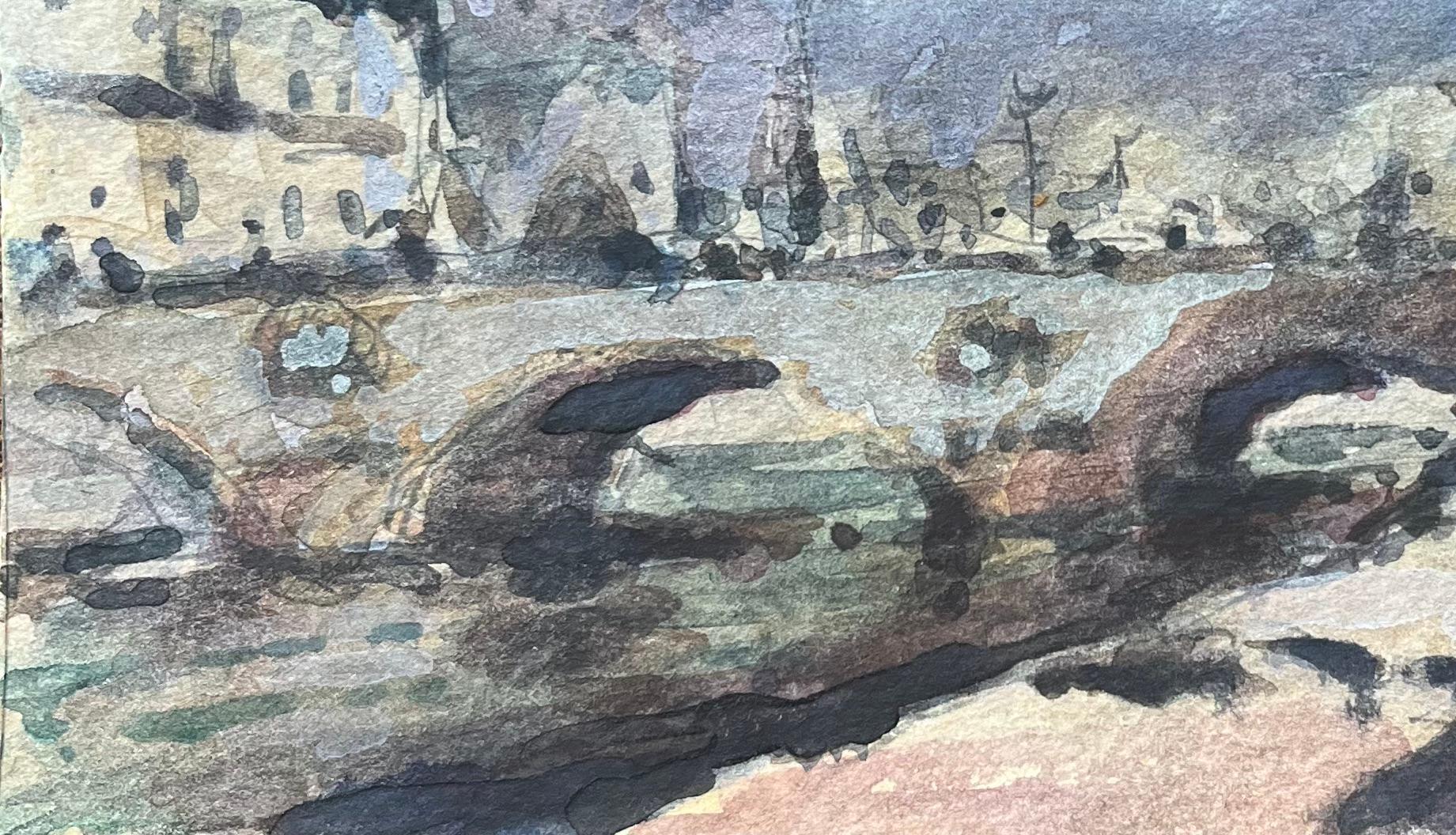 Aquarelle impressionniste française représentant Notre-Dame et la rive parisienne - Gris Landscape Art par Maurice Mazeilie