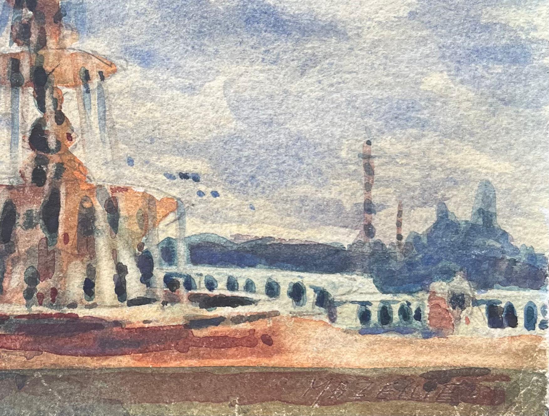 Acquerello impressionista francese di Place de la Concorde a Parigi - Landscape Art Grigio di Maurice Mazeilie