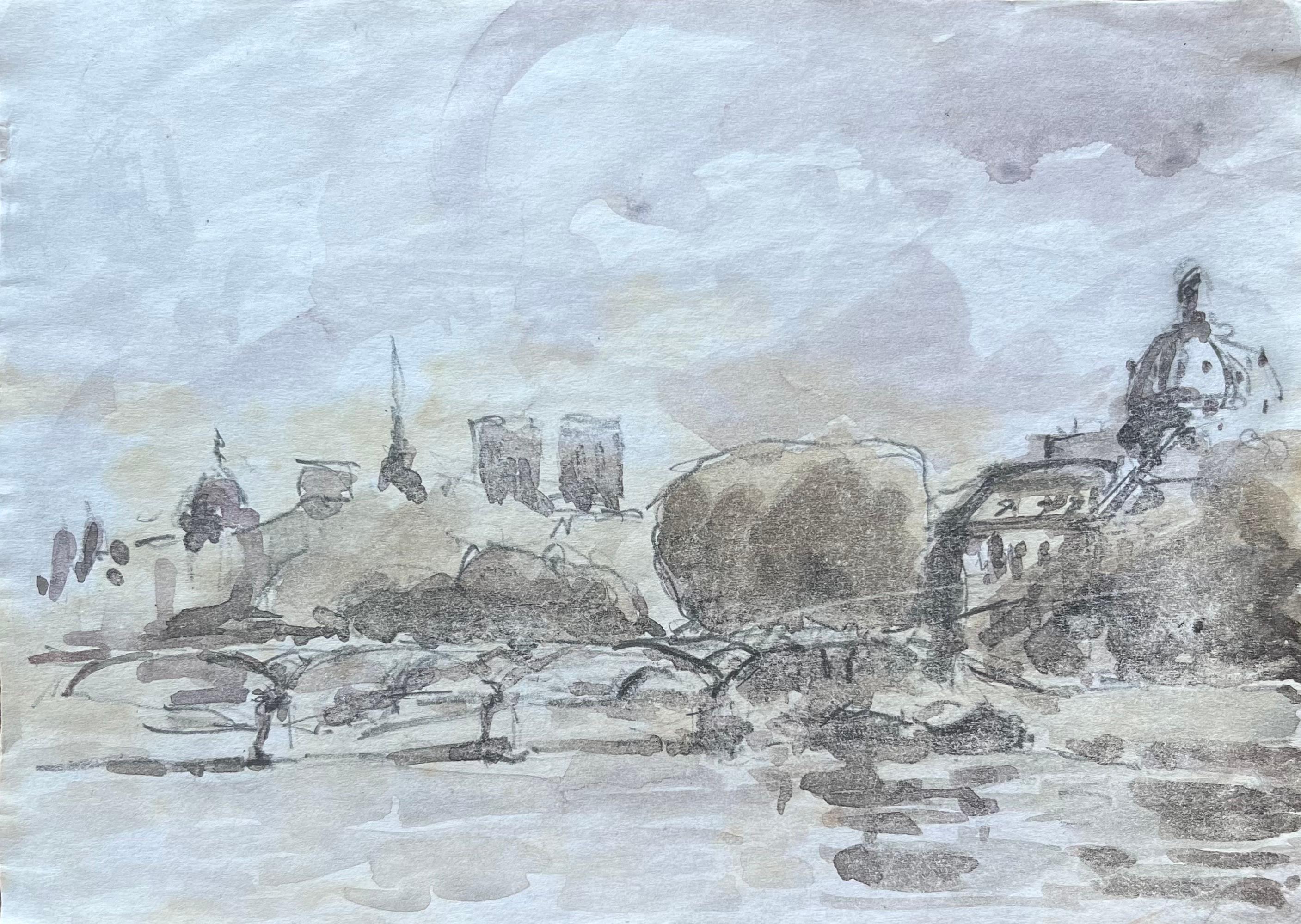 French Impressionist Watercolor of Notre-Dame and the Parisian Riverbanks