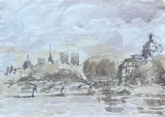 Acuarela impresionista francesa de Notre-Dame y la ribera parisina