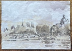 French Impressionist Watercolor of Notre-Dame and the Parisian Riverbanks