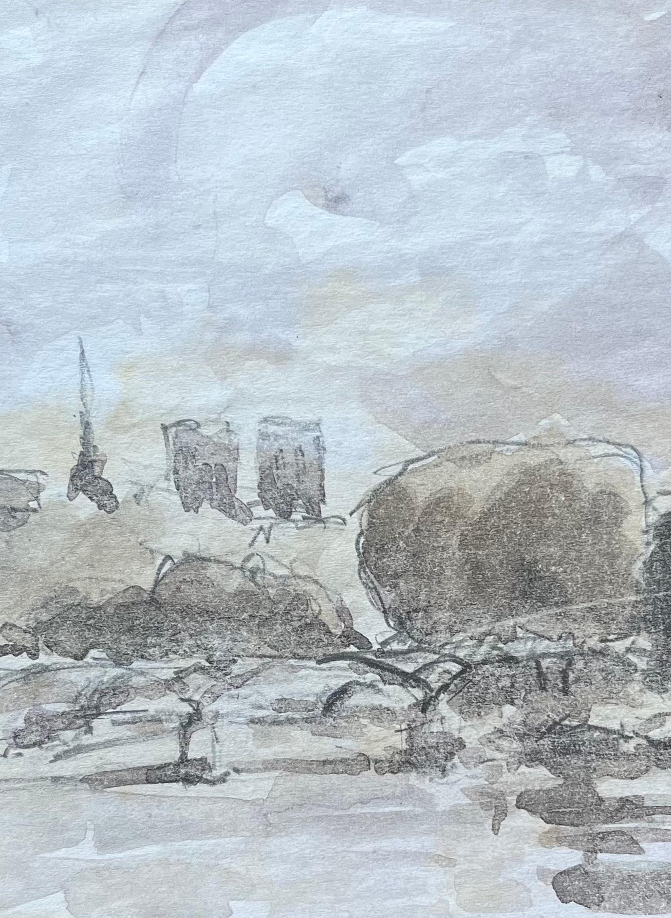 Acquerello impressionista francese di Notre-Dame e delle rive del fiume parigino in vendita 2