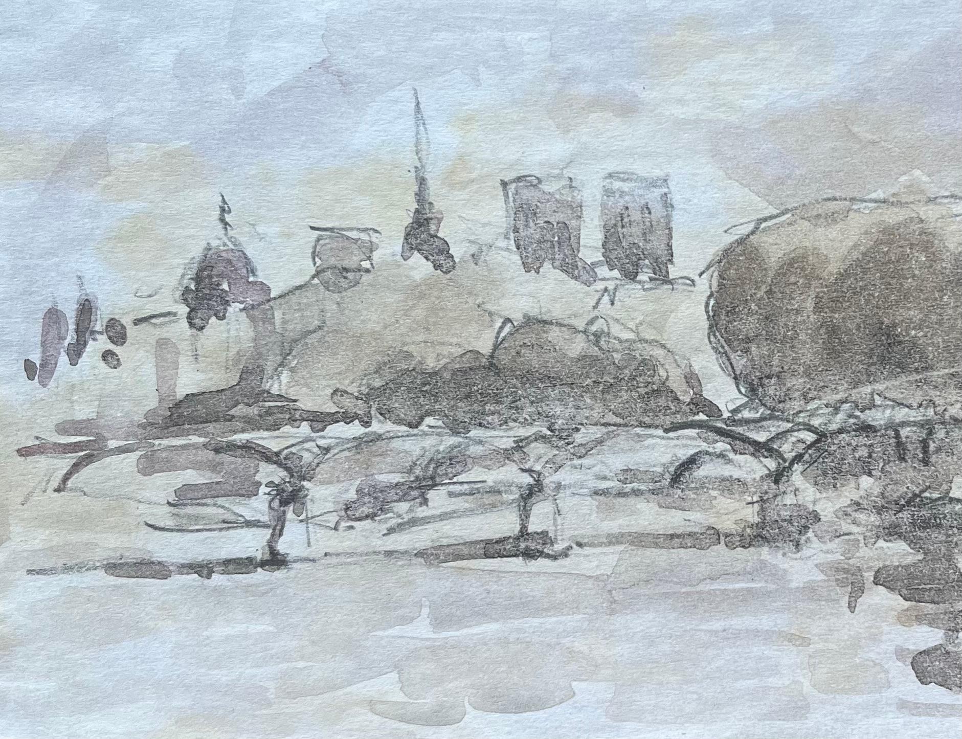 Acquerello impressionista francese di Notre-Dame e delle rive del fiume parigino in vendita 1